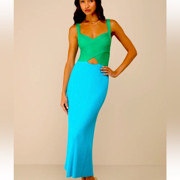 Lulus Dresses & Skirts - Flirty Pairing Green and Blue Color Block Ribbed Cutout Dress size medium